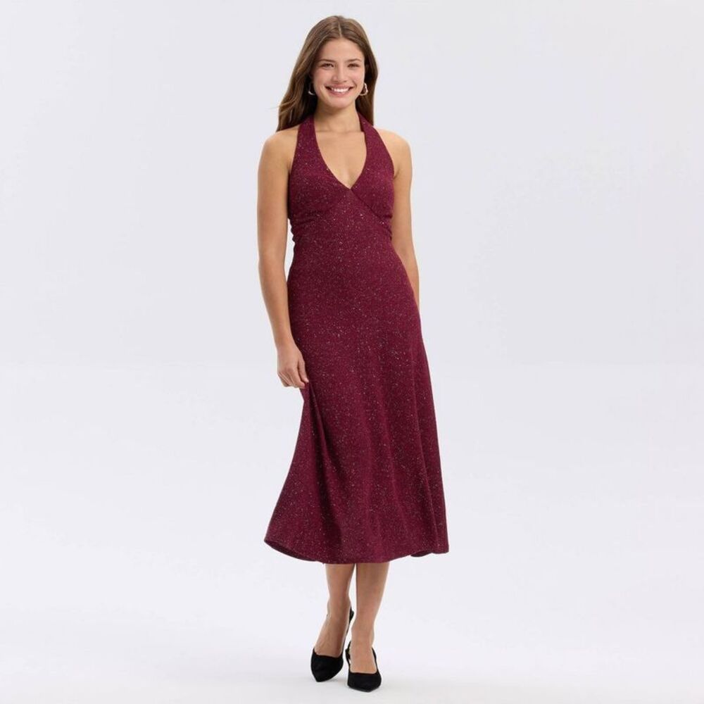 Women's Sleeveless Metallic Knit Plunge Midi Dress - A New Day Red XXL